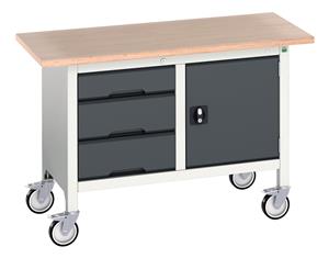 verso mobile storage bench (mpx) with 3 drawer cab / cupboard. WxDxH: 1250x600x830mm. RAL 7035/5010 or selected Verso Mobile Work Benches for assembly and production